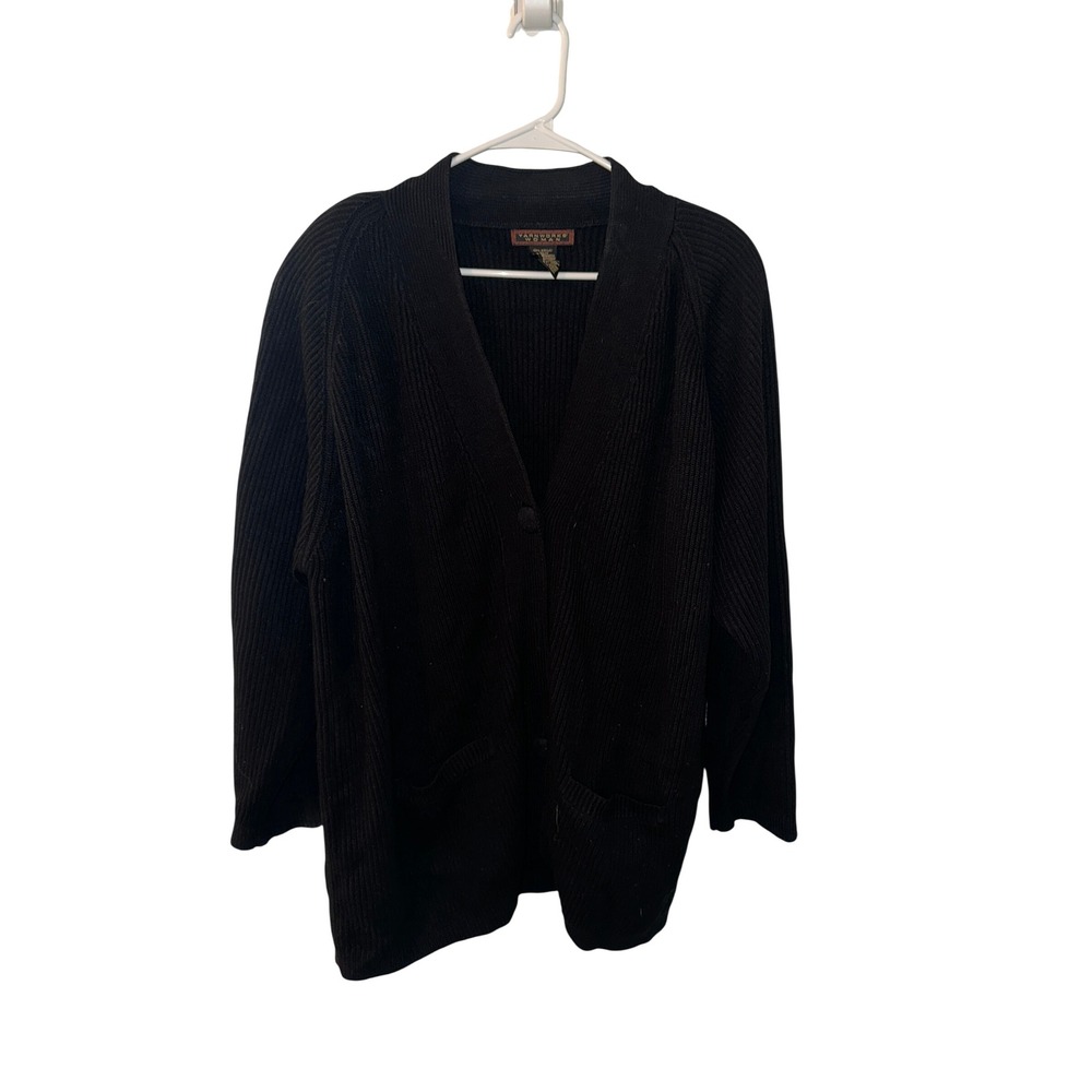 Yarnworks Woman Black Ribbed V-Neck Button‎ Front Cardigan Sweater Plus Size 3X